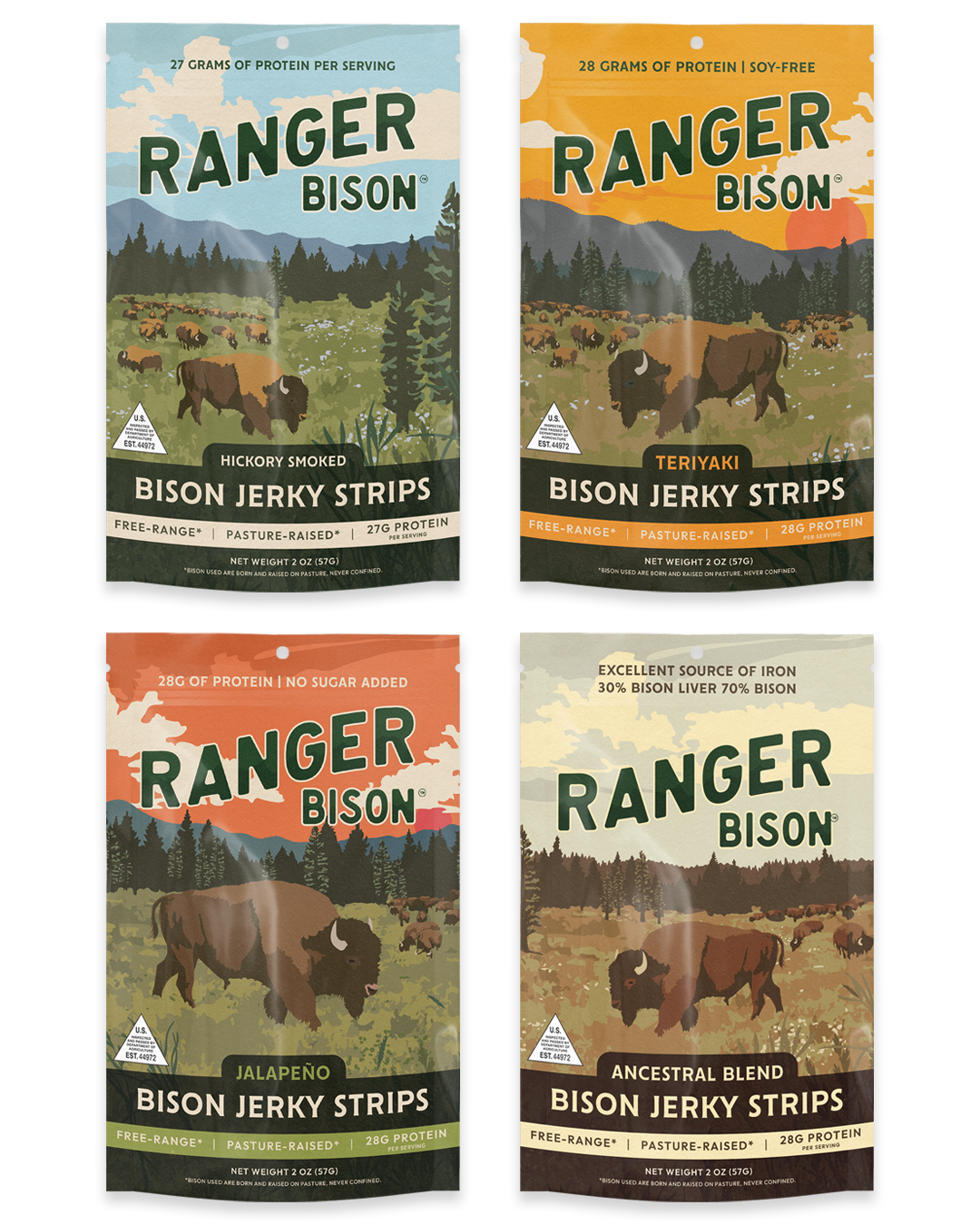 Four packages of Ranger Bison bison jerky strips with different flavors on a white background.