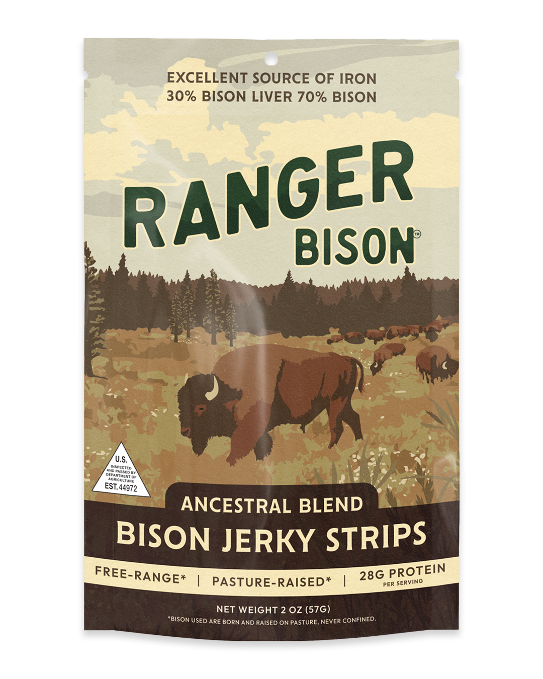 Ranger Bison jerky strips packaging with a scenic design and text about the product.