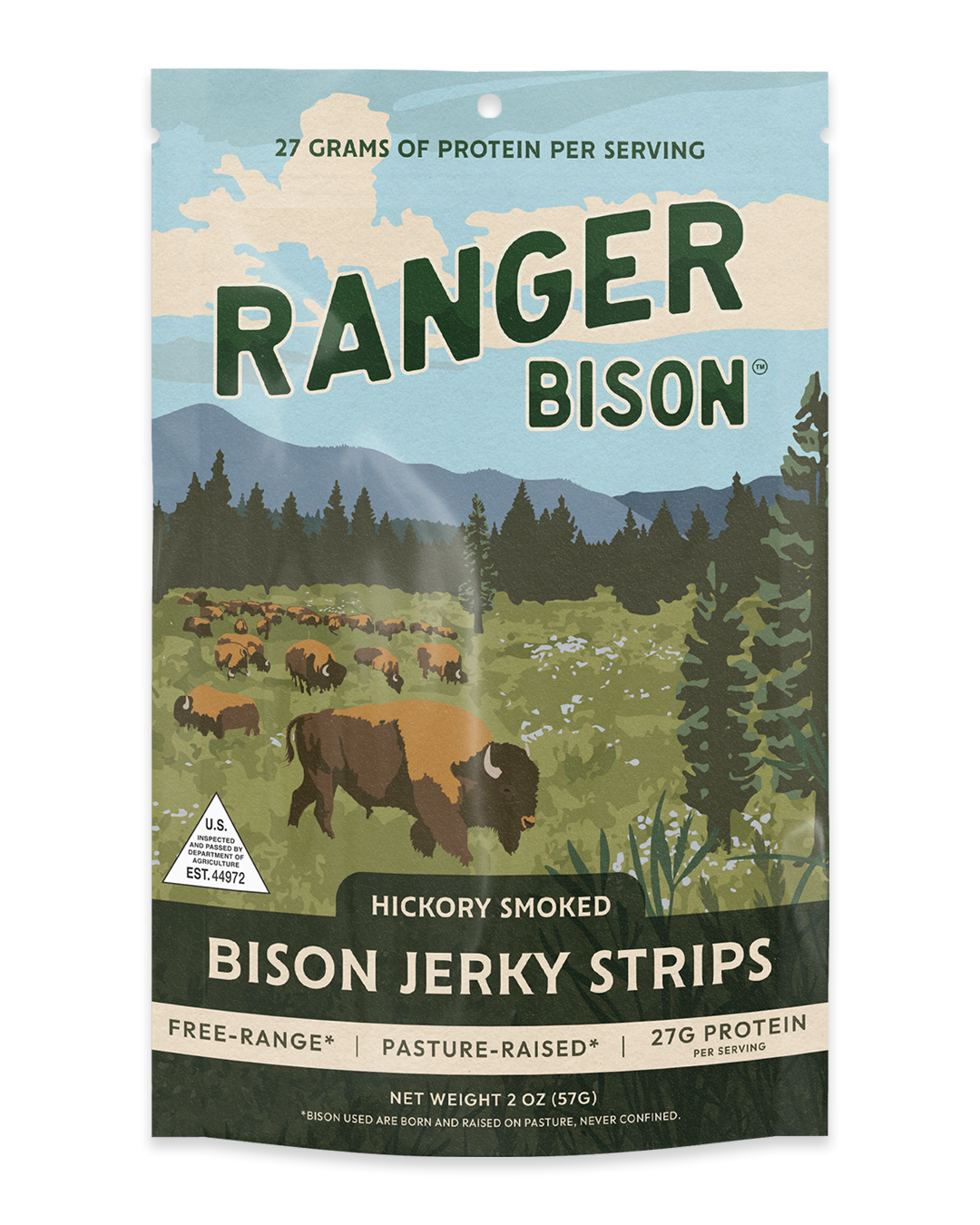 Packaging of Ranger Bison Hickory Smoked Bison Jerky Strips with a scenic design.