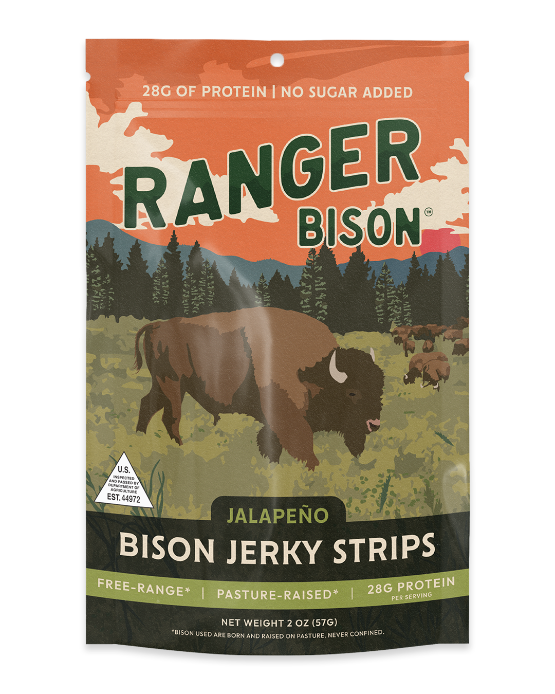 Packaging of Ranger Bison Jalapeño Bison Jerky Strips with a bison illustration on a scenic background.