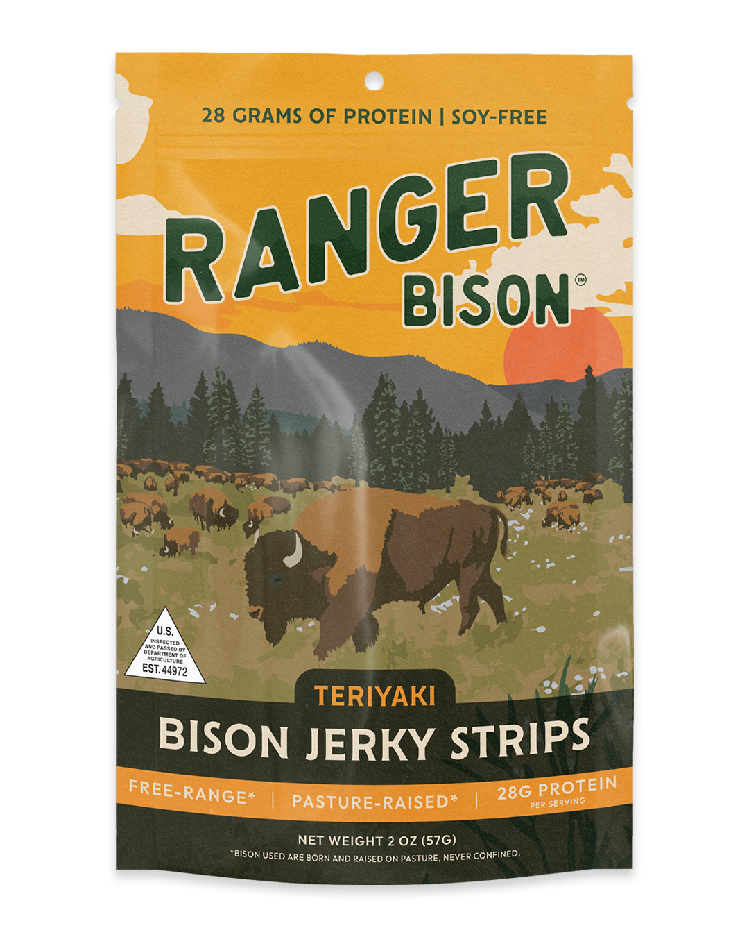 Ranger Bison Teriyaki Bison Jerky Strips packaging with a scenic design.