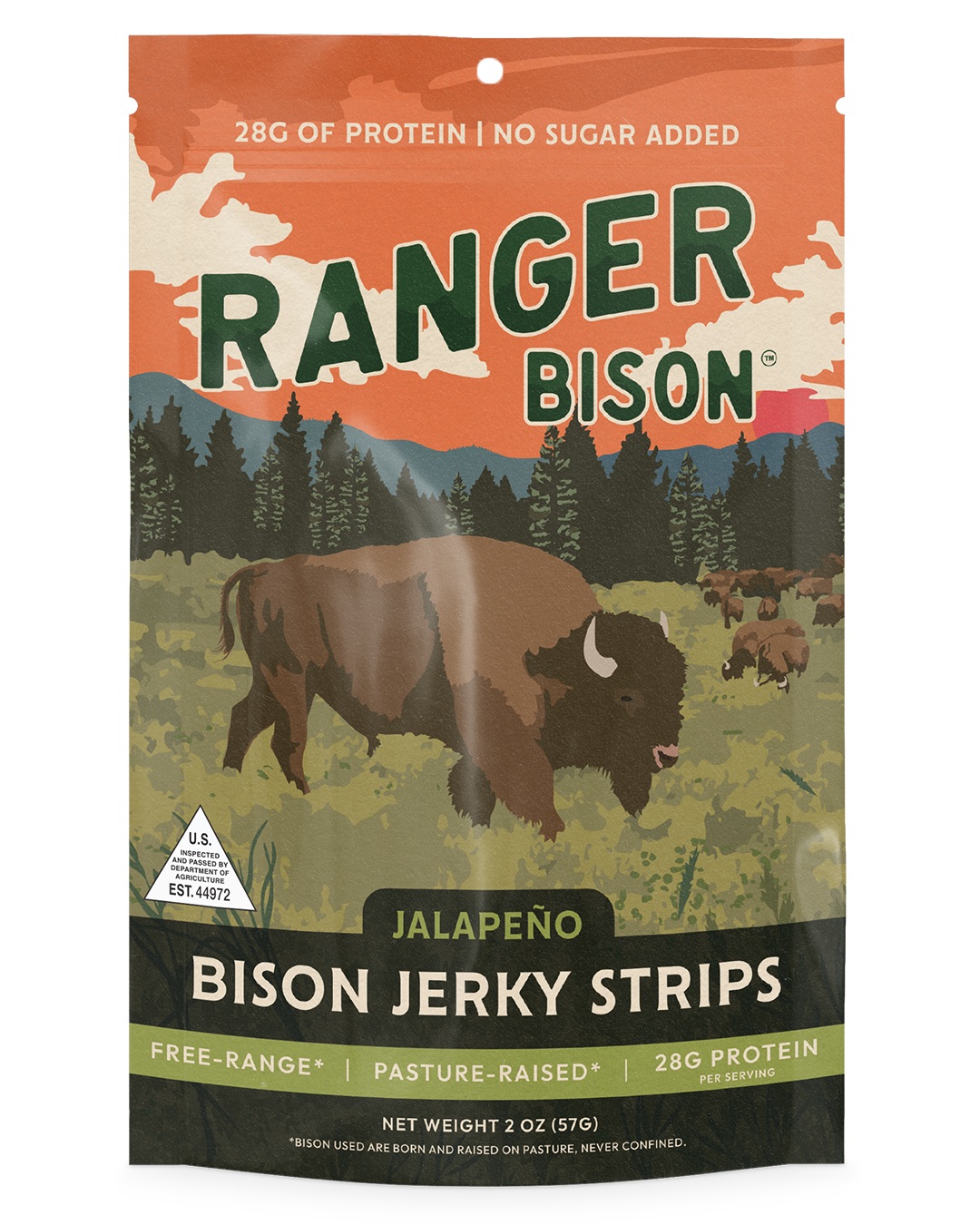 Ranger Bison jalapeño bison jerky strips packaging with a bison illustration on a nature-themed background.