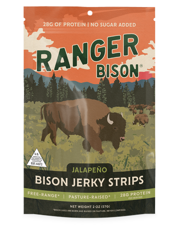 Ranger Bison jalapeño bison jerky strips packaging with a bison illustration on a nature-themed background.